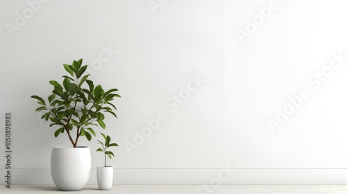 Two Plants in White Pots Against White Wall