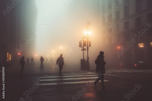 Silhouettes of People Walking in a Foggy City Street at Night