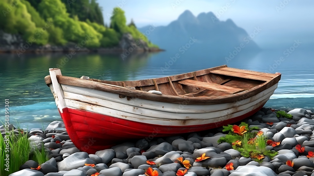 Obraz premium Red and White Boat on a Rocky Shore