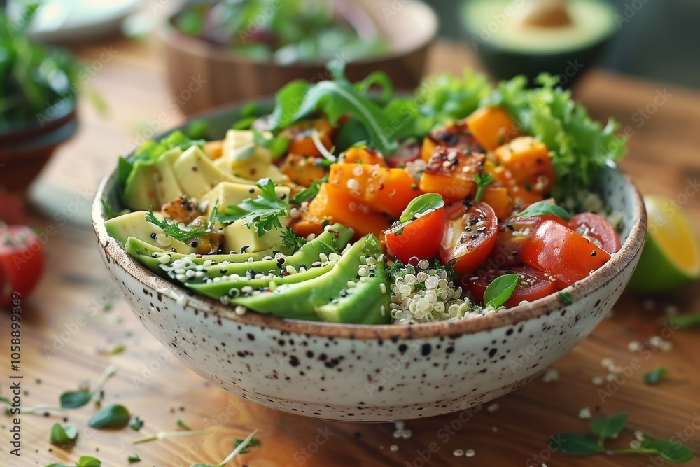 plate with quinoa, roasted vegetables, and avocado plate with quinoa, roasted vegetables, and avocado