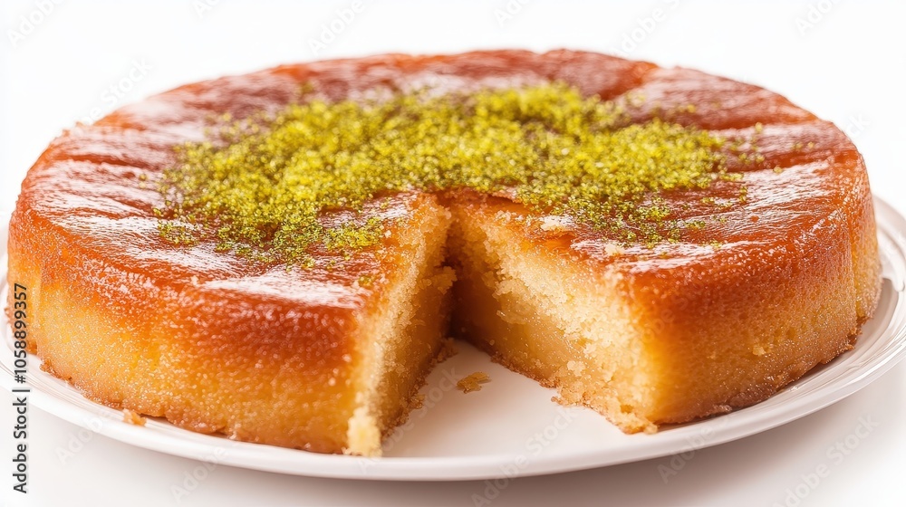 Irresistible semolina cake with pistachio topping on a white plate Irresistible semolina cake with pistachio topping on a white plate