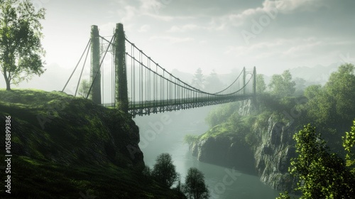 Suspension Bridge Over Misty River