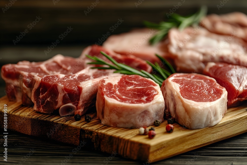 Fresh raw beef steaks with rosemary on wooden cutting board, premium meat quality and butcher shop concept Fresh raw beef steaks with rosemary on wooden cutting board, premium meat quality and butcher shop concept