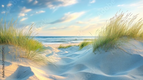 Fototapeta Naklejka Na Ścianę i Meble -  Serene sand dunes form undulating waves adorned with delicate wispy grass, creating a picturesque landscape ideal for capturing natures beauty in a harmonious photo style with ample copy space.