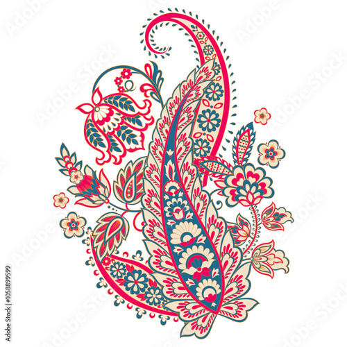 Isolated traditional Asian element Paisley. Traditional colorful paisley vector pattern. Pattern for textile design or fabrics. Fashionable design