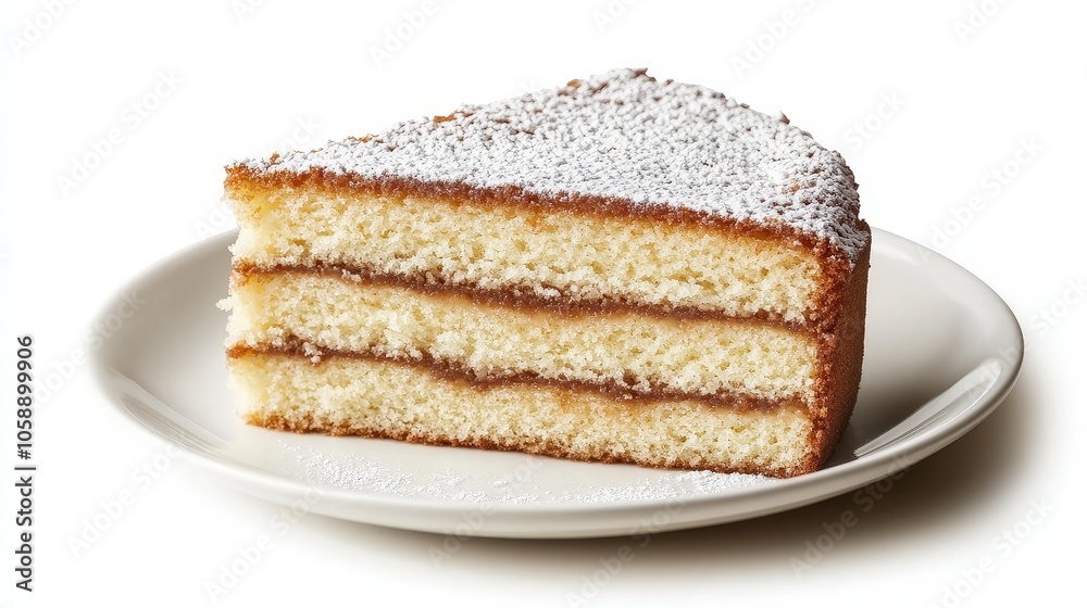 Three-layer vanilla sponge cake slice with powdered sugar on white plate Three-layer vanilla sponge cake slice with powdered sugar on white plate