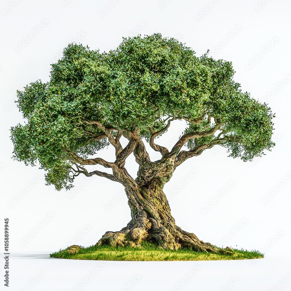 A magnificent ancient green tree with sprawling limbs and lush foliage in a tranquil natural setting A magnificent ancient green tree with sprawling limbs and lush foliage in a tranquil natural setting