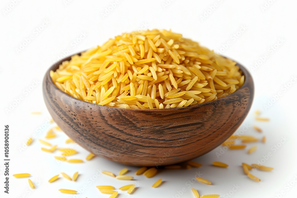 A wooden bowl filled with uncooked orzo pasta on a white background. A wooden bowl filled with uncooked orzo pasta on a white background.