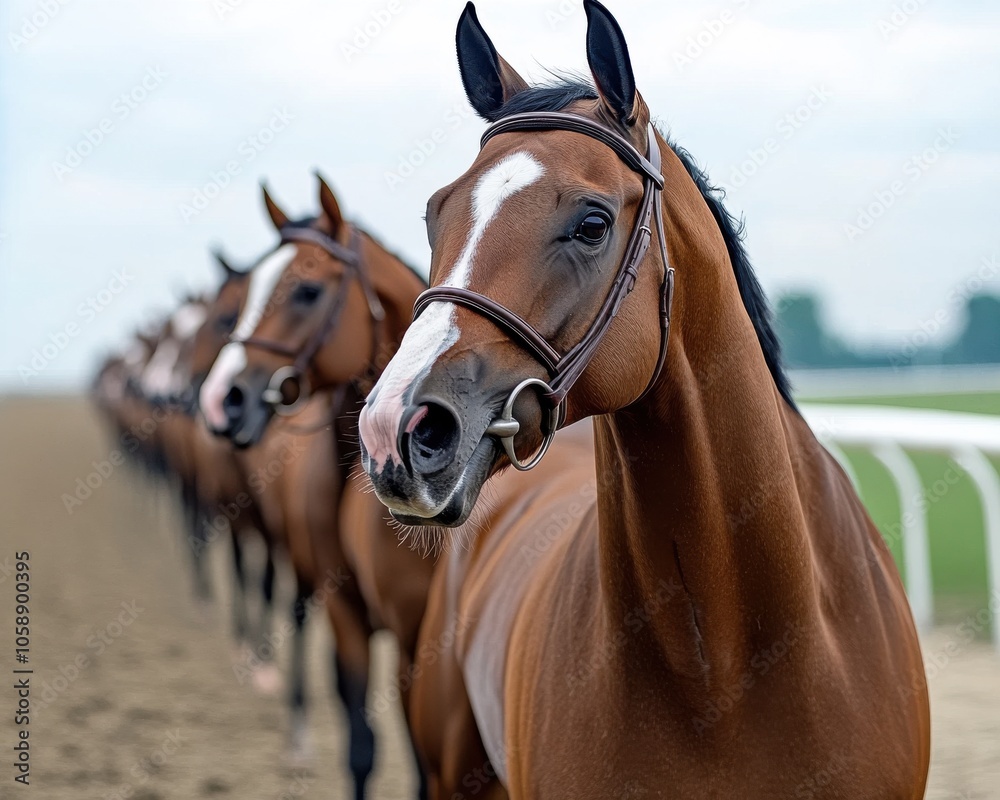 Obraz premium Elegant Thoroughbreds Lined Up Before the Race