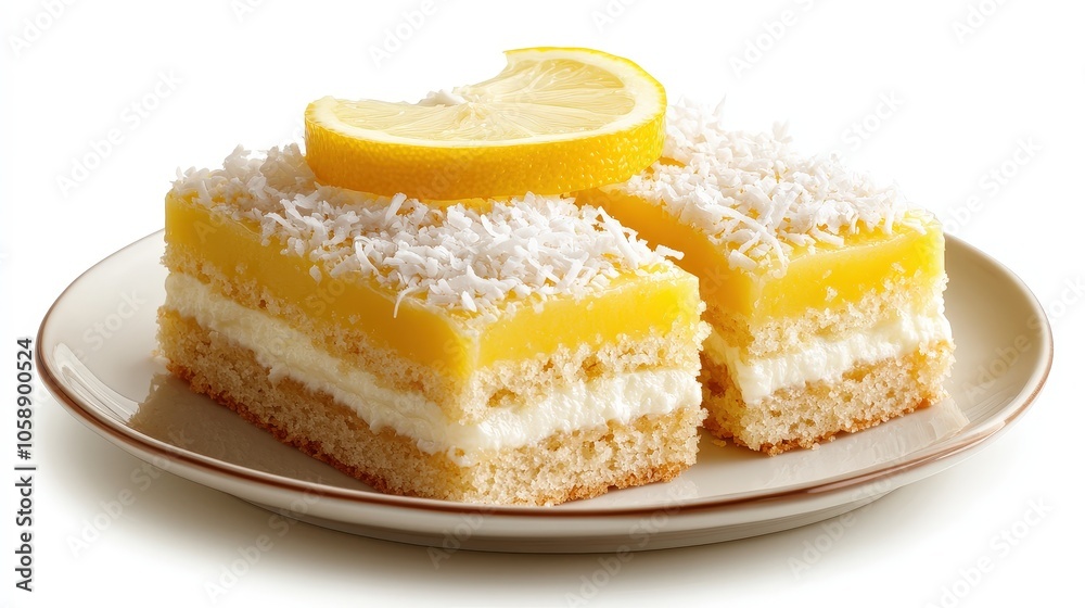 Delicious lemon coconut bars on plate with fluffy layers and shredded topping Delicious lemon coconut bars on plate with fluffy layers and shredded topping