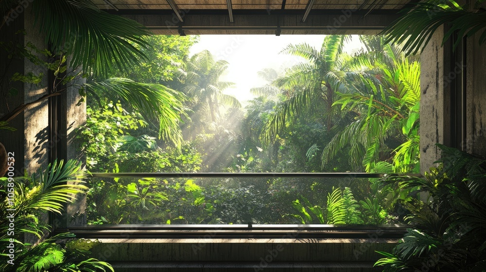 Futurism captures the essence of a tropical paradise with a serene view from a balcony, framed by industrial elements and lush palms, creating a tranquil rainforest scene. Copy space available. Futurism captures the essence of a tropical paradise with a serene view from a balcony, framed by industrial elements and lush palms, creating a tranquil rainforest scene. Copy space available.