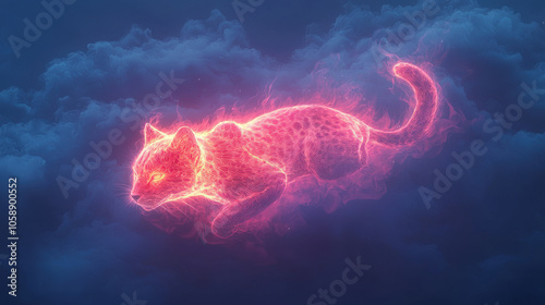 glowing cheetah leaps through vibrant clouds, creating mystical atmosphere. ethereal light and dynamic motion evoke sense of wonder and magic