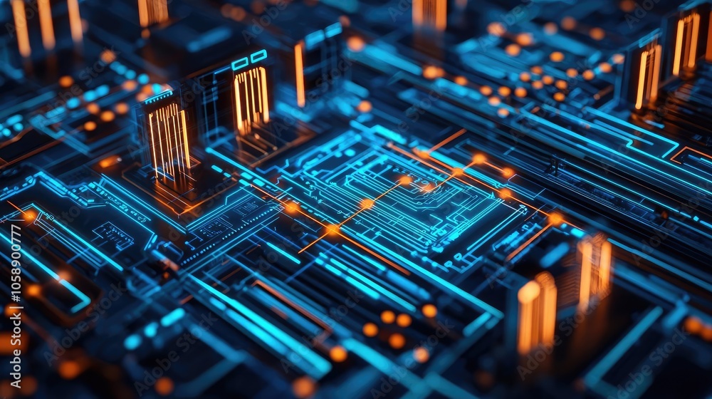Abstract technology background with glowing circuit board and neon lights. Abstract technology background with glowing circuit board and neon lights.