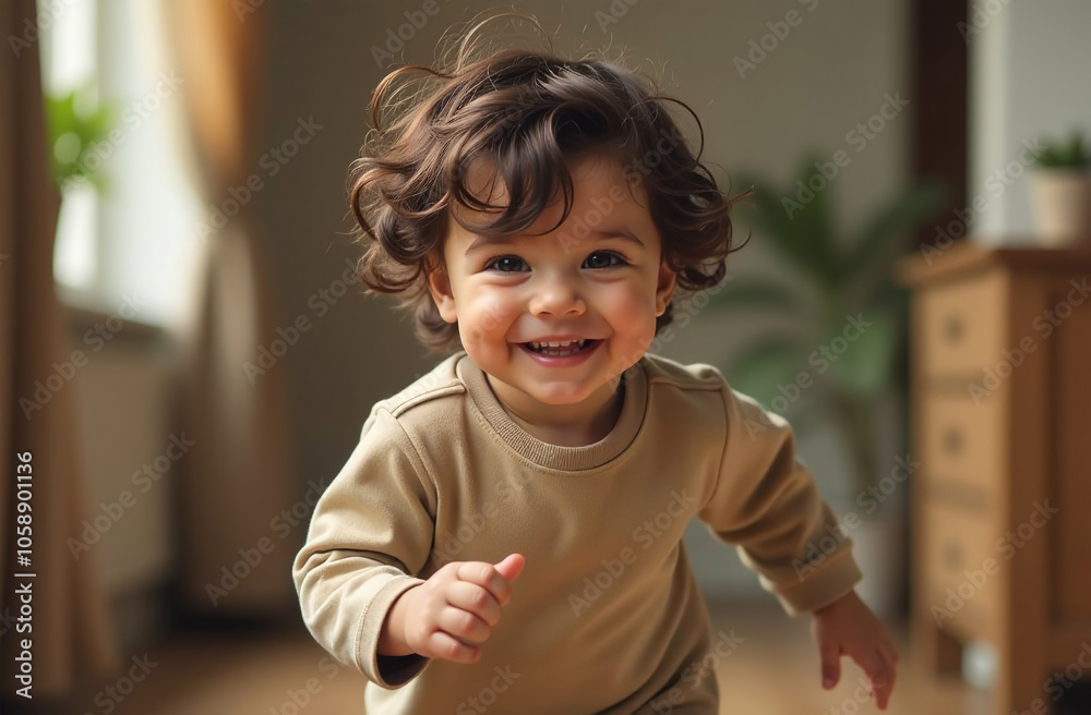 Happy child running indoors, smiling boy with curly hair Happy child running indoors, smiling boy with curly hair