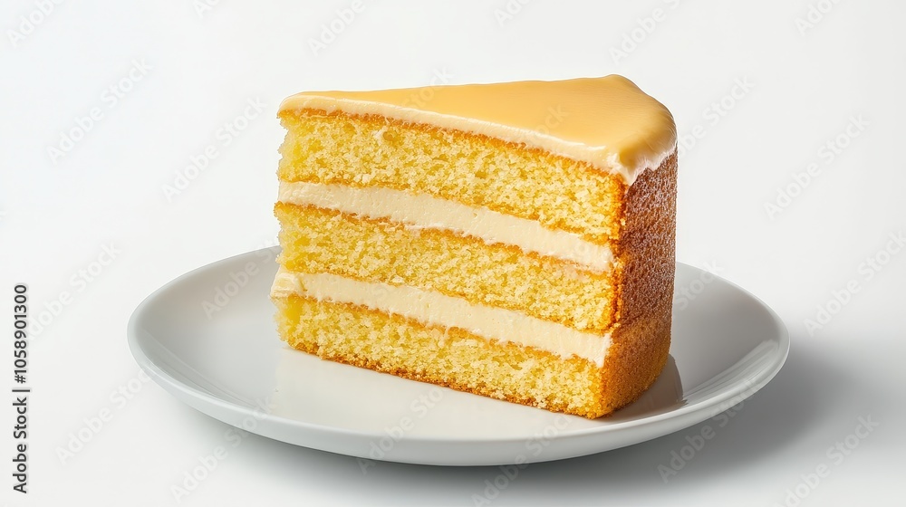 Delicious slice of lemon sponge cake on a white plate Delicious slice of lemon sponge cake on a white plate