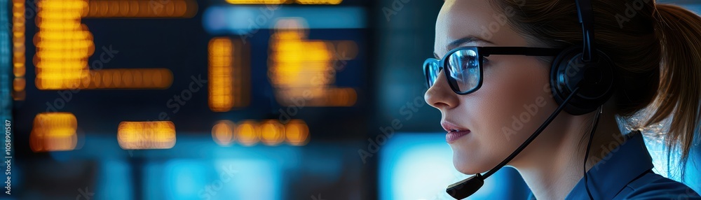 Woman wearing headset and glasses looking at computer screen. Woman wearing headset and glasses looking at computer screen.