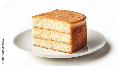 Delicious slice of fluffy sponge cake on white plate