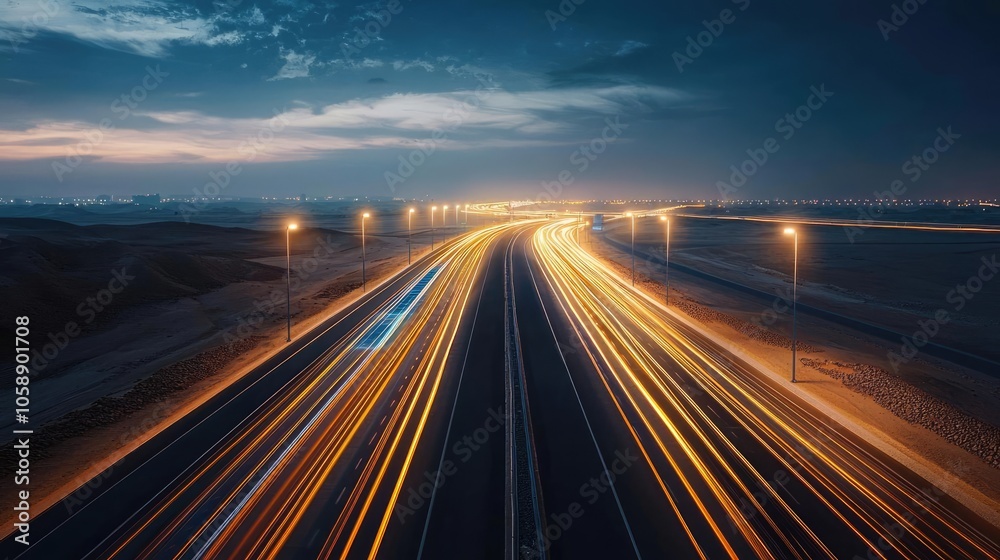Nighttime highway with moving light trails and illuminated street lamps. Nighttime highway with moving light trails and illuminated street lamps.