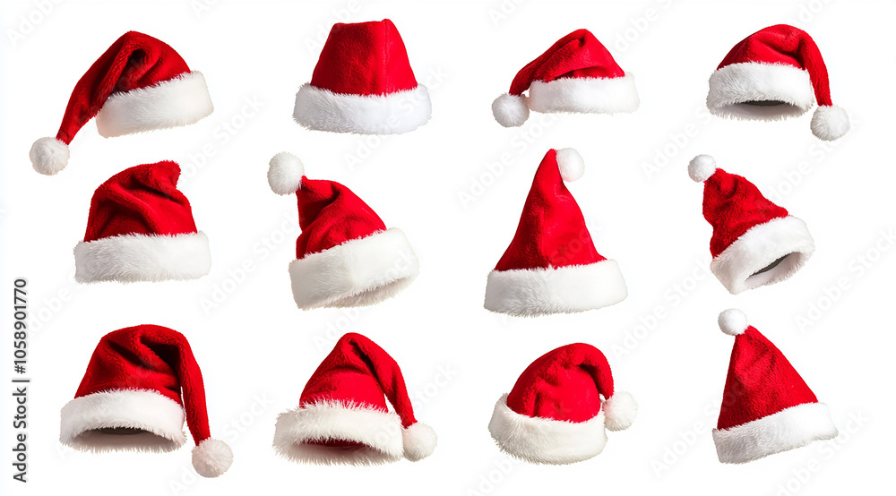 A collection of red Santa hats in various styles, isolated on a white background A collection of red Santa hats in various styles, isolated on a white background