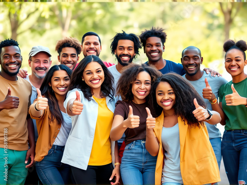 A diverse group of individuals smiling and giving thumbs up, expressing positivity and approval in a cheerful setting.