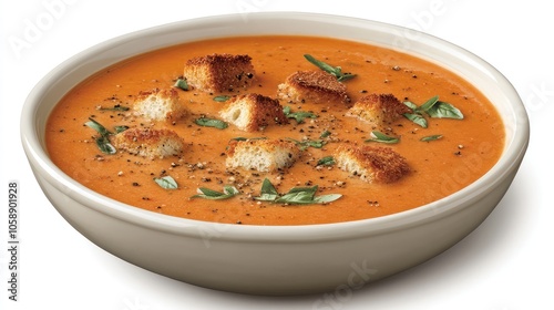 Creamy Tomato Soup with Croutons and Herbs