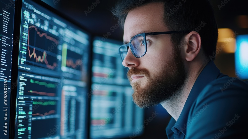 Business Professional Analyzing Data on Dual Screens Business Professional Analyzing Data on Dual Screens