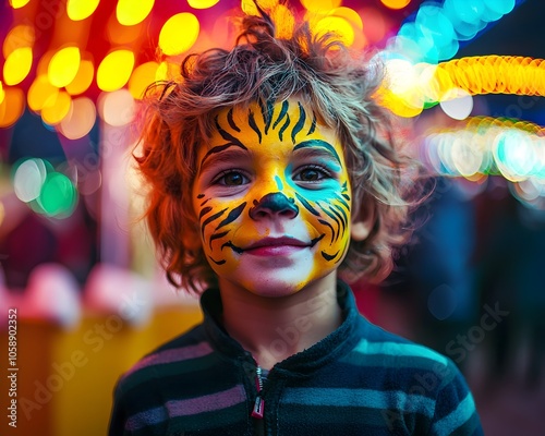 Joyful Kid in Lion Face Paint at Vibrant Carnival with Lively Lights and Cotton Candy photo