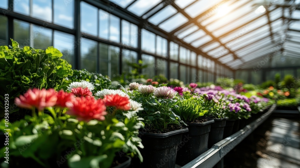 A greenhouse filled with an array of vibrant, thriving flowers under natural sunlight, embodying growth, nurturing, and the rich variety of cultivated plant life. A greenhouse filled with an array of vibrant, thriving flowers under natural sunlight, embodying growth, nurturing, and the rich variety of cultivated plant life.