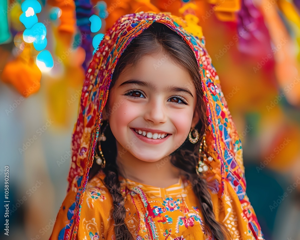 Cheerful Girl in Traditional Attire Celebrating Festive Occasion with Vibrant Cheerful Girl in Traditional Attire Celebrating Festive Occasion with Vibrant