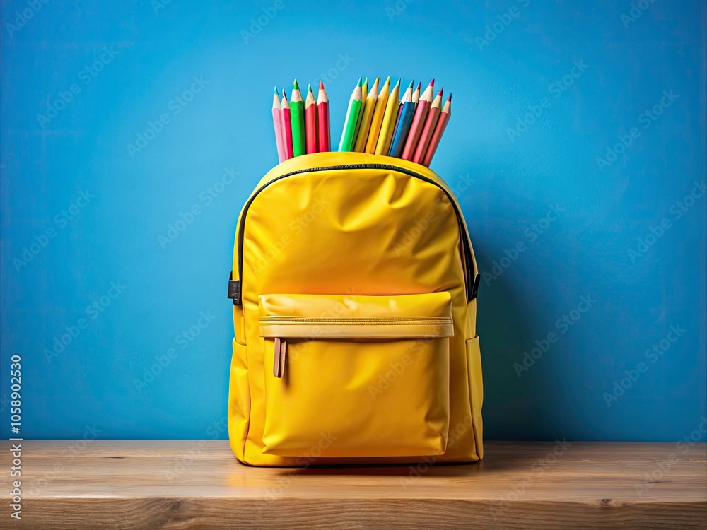 Yellow School Backpack with Books and Colorful Pencils on Blue Background for Back-to-School Essentials and Education Yellow School Backpack with Books and Colorful Pencils on Blue Background for Back-to-School Essentials and Education