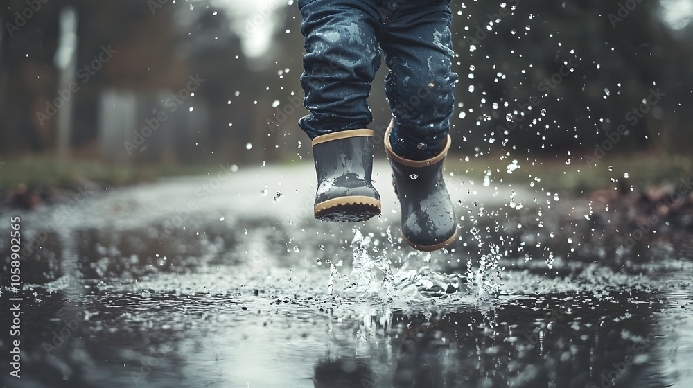 Joyful Kid in Rain Boots Jumping into Puddle with Water Droplets Frozen in Motion