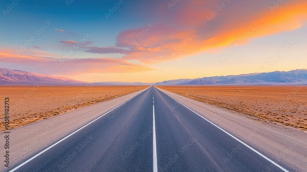 Naklejka premium Endless road stretching into a colorful twilight sky.