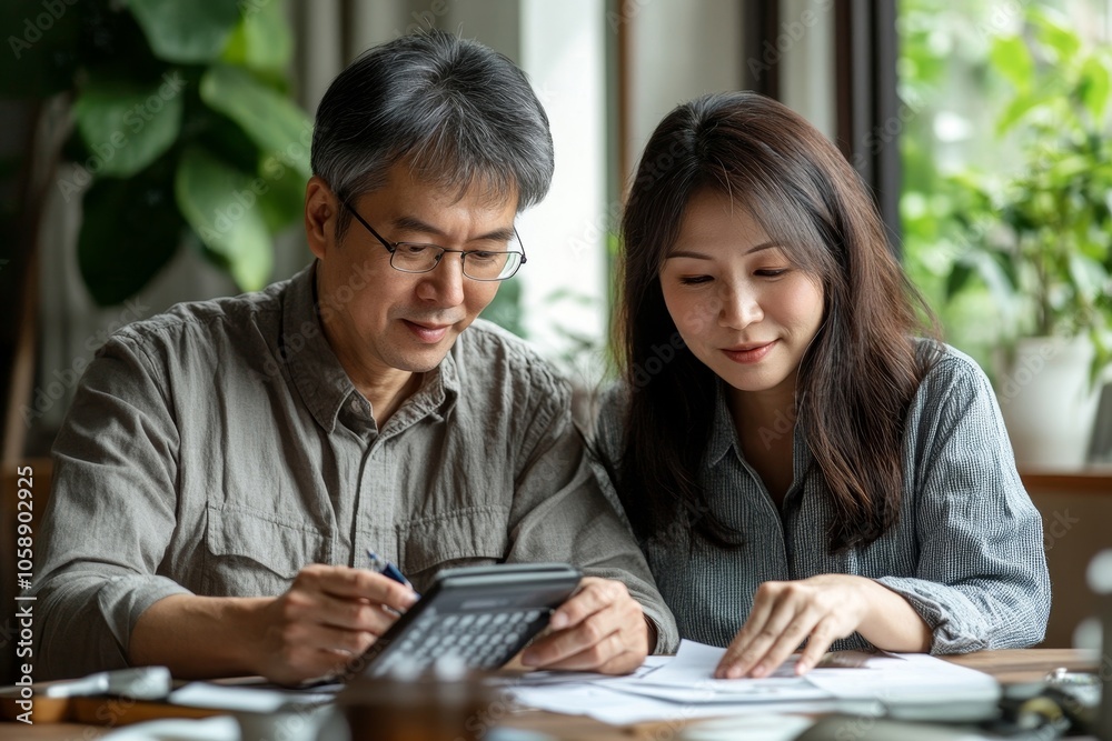 financial in family concept, Happy Asian husband and wife calculating income and bills to plan for investment, Generative AI financial in family concept, Happy Asian husband and wife calculating income and bills to plan for investment, Generative AI