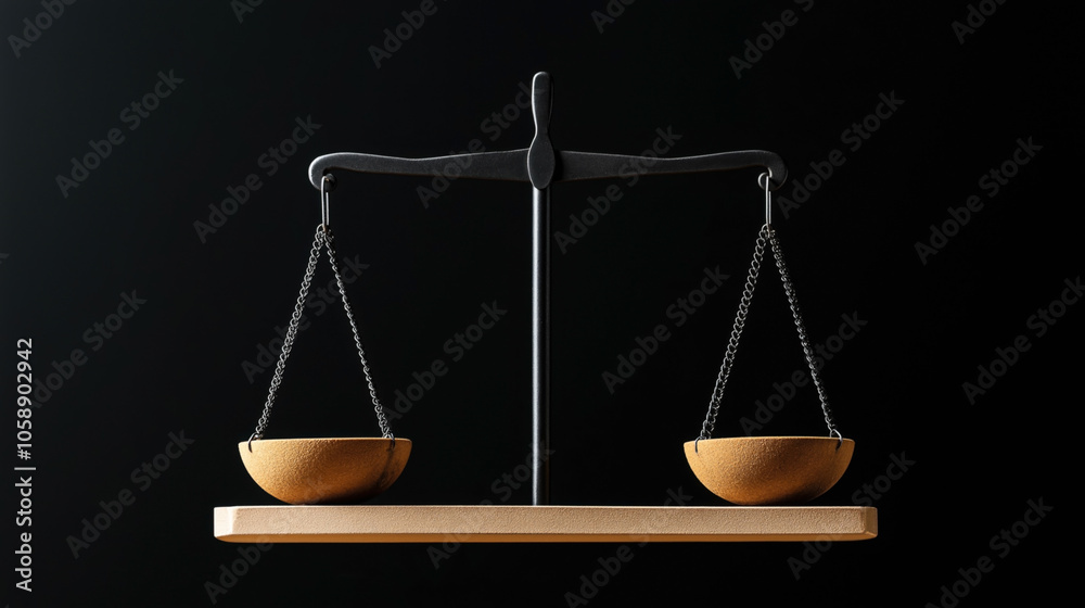 Traditional balance scale with two empty orange bowls hanging from chains on a black background, symbolizing justice and equilibrium. Traditional balance scale with two empty orange bowls hanging from chains on a black background, symbolizing justice and equilibrium.