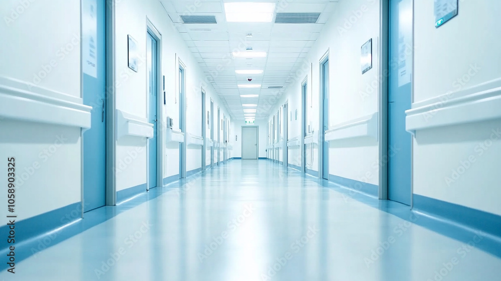 Modern hospital corridor with signs leading to various departments Modern hospital corridor with signs leading to various departments