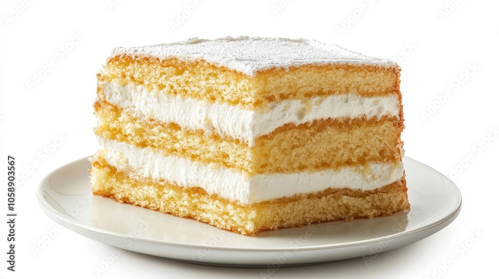 Delicious slice of layered sponge cake with cream filling on white plate Delicious slice of layered sponge cake with cream filling on white plate