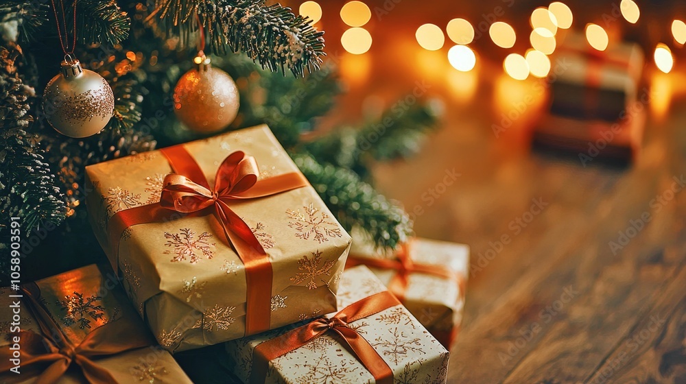 Beautifully Wrapped Christmas Gift with Ornamental and Festive Lighting Beautifully Wrapped Christmas Gift with Ornamental and Festive Lighting