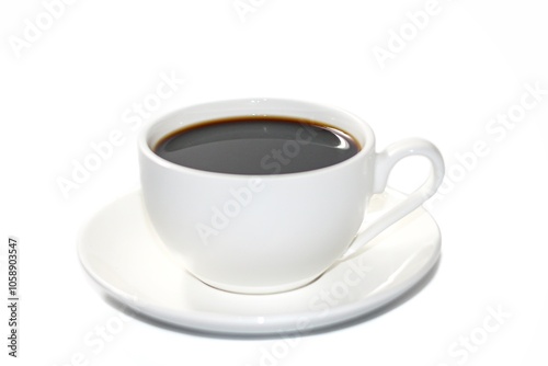 Isolation photos of Hot coffee serving on white background with coffee beans in the sack.