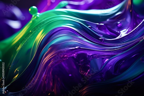 A vibrant and dynamic abstract image showcasing swirling colors of green, purple, and blue, resembling liquid movement, Ideal for use in designs related to creativity, technology, or modern art,