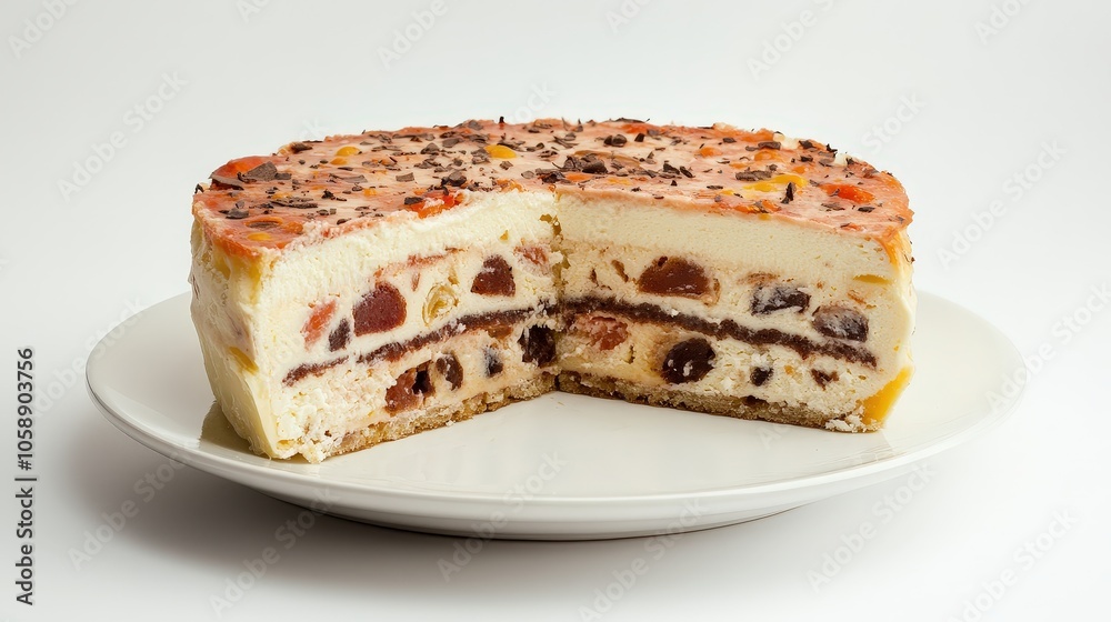 Delicious fruit-filled layer cake with cream and chocolate topping Delicious fruit-filled layer cake with cream and chocolate topping