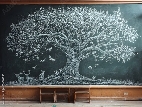 Detailed Chalk Drawing of Life Sized Tree with Animals on Blackboard in Classroom Corner photo