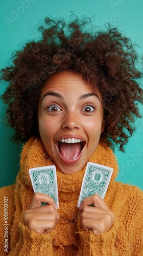 Excited Woman Holding Winning Sports Betting Ticket   Big Win Celebration photo