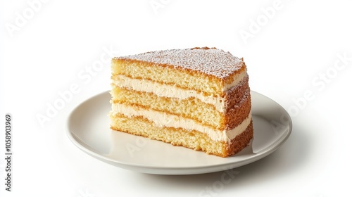 Delicious slice of sponge cake with cream and powdered sugar on white plate