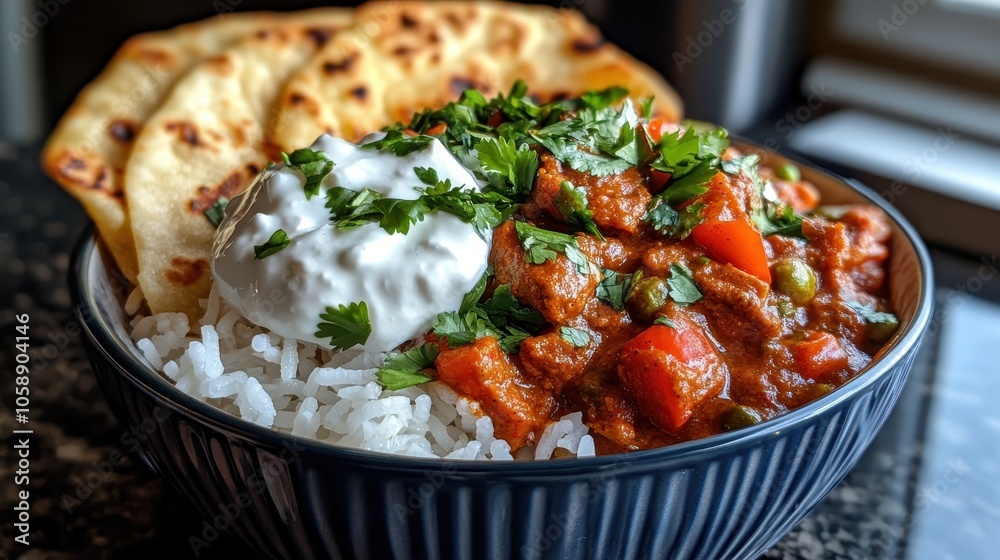 Delicious Indian curry served in a bowl with white rice, a dollop of yogurt, and naan bread; garnished with cilantro, showcasing vibrant and rich flavors. Delicious Indian curry served in a bowl with white rice, a dollop of yogurt, and naan bread; garnished with cilantro, showcasing vibrant and rich flavors.