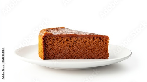 Slice of classic gingerbread cake on white plate isolated on white background