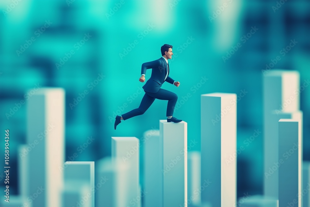 A 3D rendering of a businessman running on top of a bar graph, symbolizing staying ahead in the business race. A 3D rendering of a businessman running on top of a bar graph, symbolizing staying ahead in the business race.