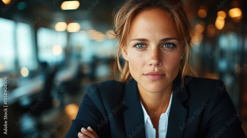 A confident woman in a business suit poses in an office environment with modern lighting and design, reflecting professionalism, focus, and determination. A confident woman in a business suit poses in an office environment with modern lighting and design, reflecting professionalism, focus, and determination.