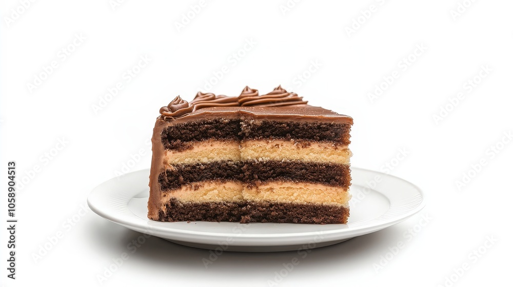 Delicious layered chocolate and vanilla cake slice on white plate Delicious layered chocolate and vanilla cake slice on white plate