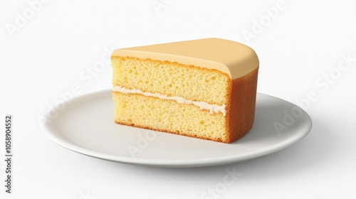 Vanilla sponge cake slice on white plate – minimalist dessert concept