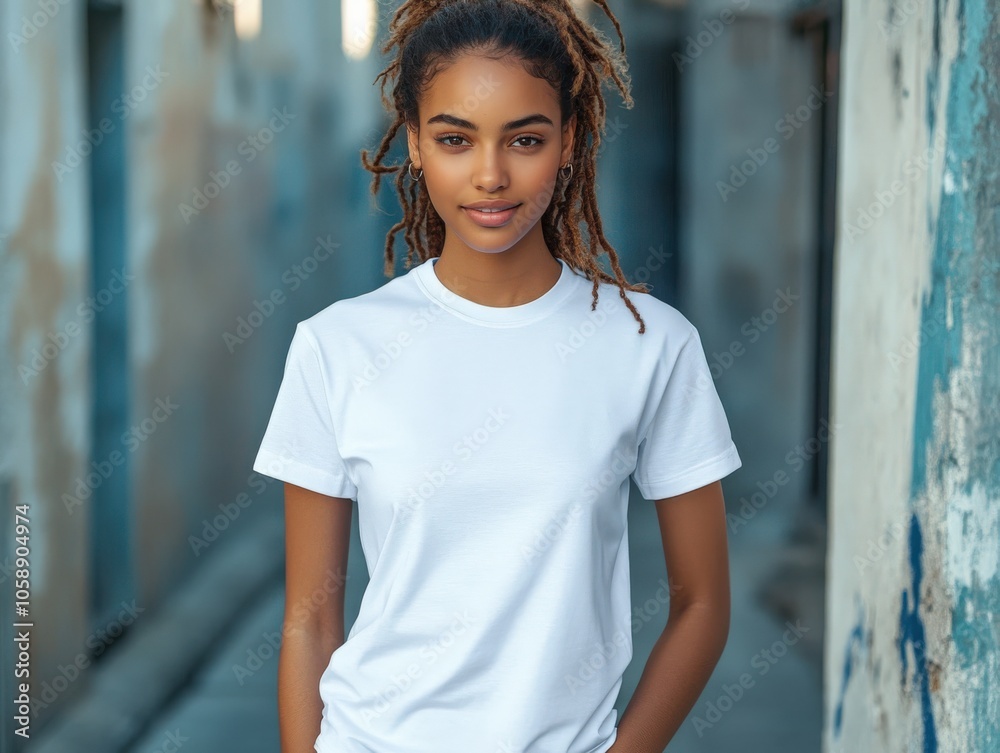 A young woman with dreadlocks posing confidently in a casual white t-shirt. A young woman with dreadlocks posing confidently in a casual white t-shirt.